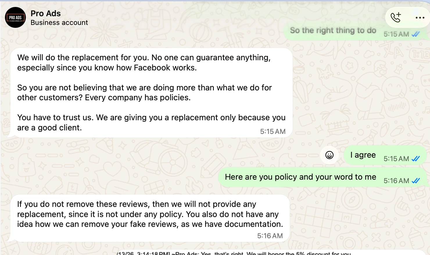 WhatsApp screenshot of the Pro Ads conversation, part 1